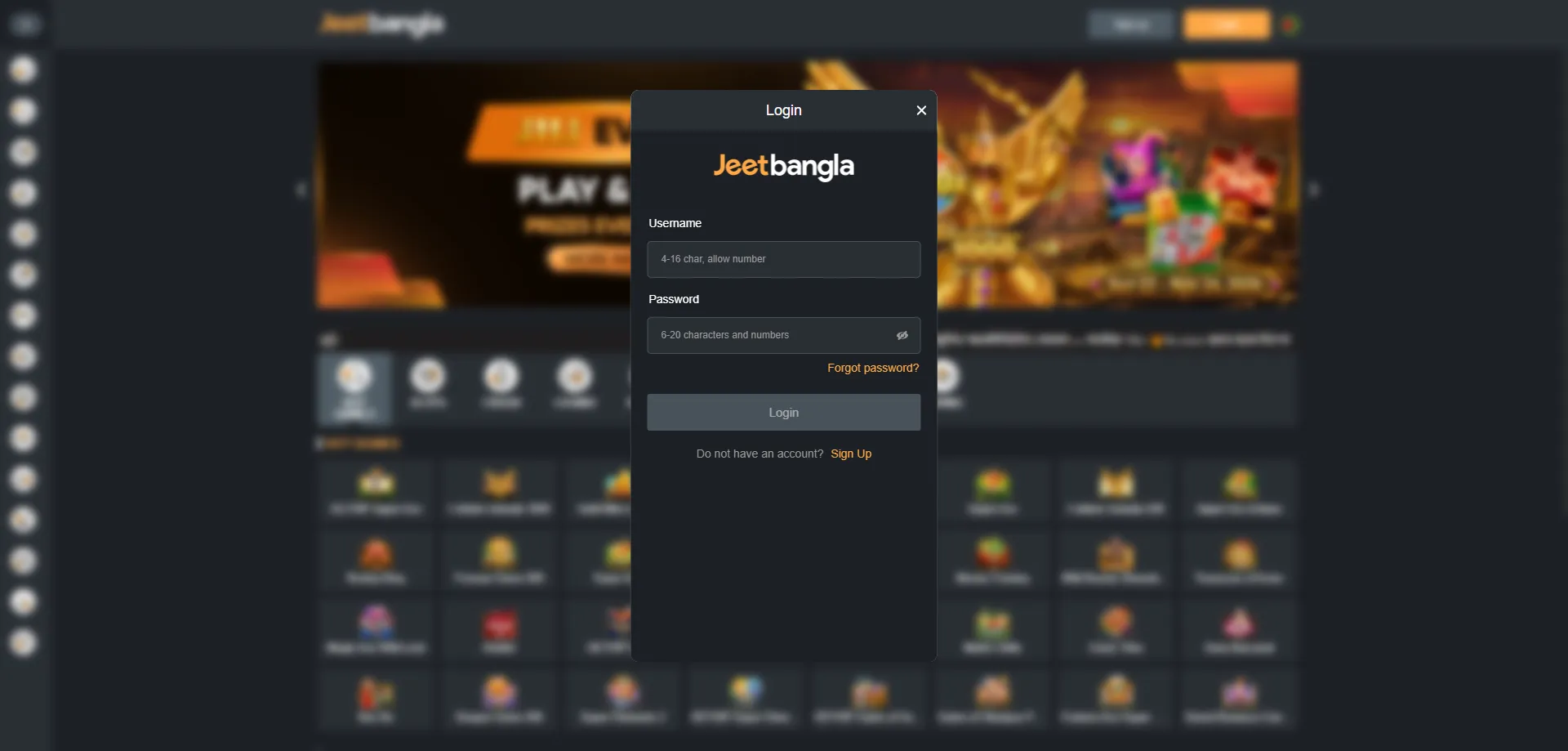 jeetbangla casino game lobby navigation — filters and search interface